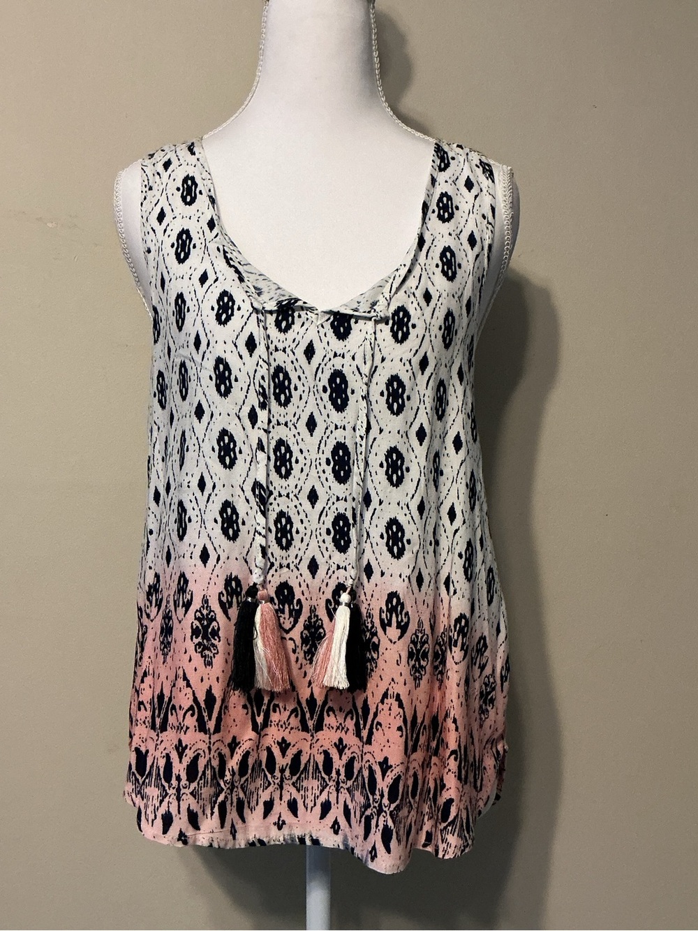 Ocean Drive Printed Tassel Tank in White, Pink & Black